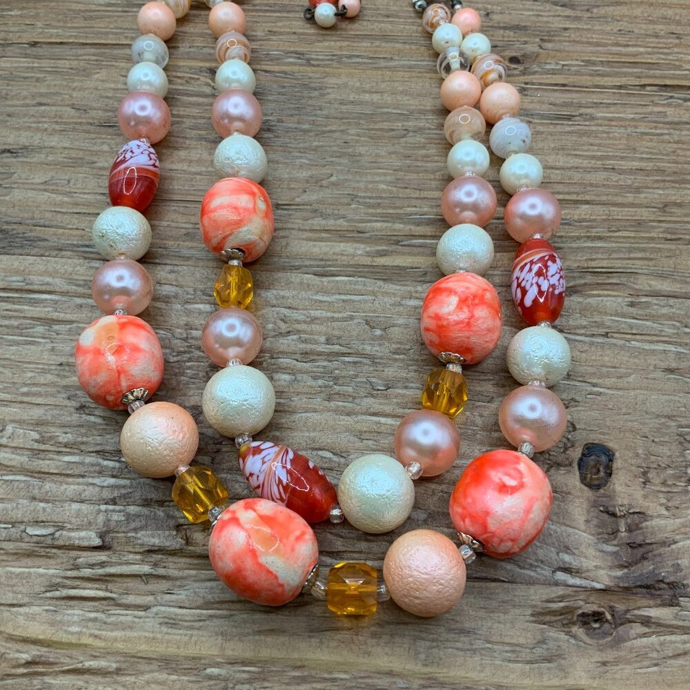 Japan Vintage Double Strands Glass Beaded Silver Tone Hook Clasp Necklace